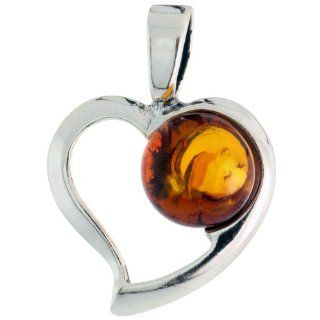 Sterling Silver Heart Russian Baltic Amber Pendant w/ 10mm Round shaped Cabochon Cut Stone, 3/4" (20mm) tall Jewelry
