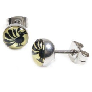 Pair Stainless Steel Round Peacock Post Stud Earrings 8mm Jewelry