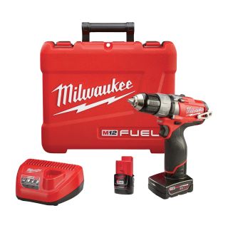 Milwaukee M12 FUEL Cordless Drill/Driver Kit — 1/2in. Chuck, 12 Volt, With 1 Compact 2.0 Ah and 1 Extended Run 4.0 Ah Battery, Model# 2403-22  Cordless Drills