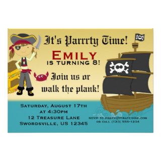 Cute Girl Pirate Ship Birthday Party Invitation