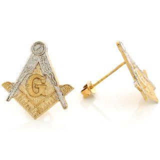 10k Two Tone Real 1.94cm x 1.74cm Gold Attractive Masonic Free Mason Post Earrings Jewelry