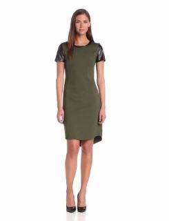 DKNYC Women's Short Sleeve Dress with Faux Leather Sleeves Neck Trim and Curved Hem, Tourmaline, 0