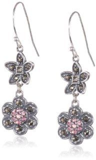 Sterling Silver Oxidized Marcasite and Swarovski Crystal Rose Flower Wire Dangle Earrings Jewelry