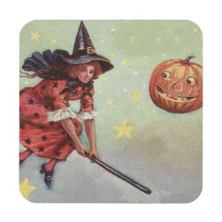 Witch Broom Jack O Lantern Flying Stars Beverage Coasters