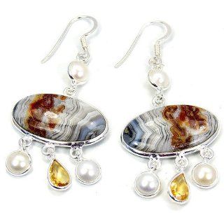 Exotic Sterling Silver Ocean Lace Agate, Pearl, Citrine Dangle Earrings Jewelry