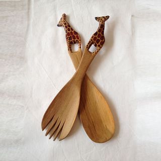giraffe style olive wood salad servers by exclusive roots