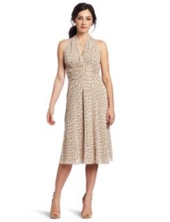Evan Picone Women's Chiffon Printed Halter Dress, Khaki/Ivory, 6