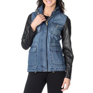 Vince Camuto Womens Denim And Faux Leather Anorak