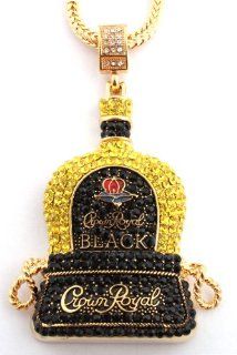 Gold with Yellow & Black Iced Out Crown Royal Whiskey Bottle Pendant with a 36 Inch Franco Chain Necklace Jewelry