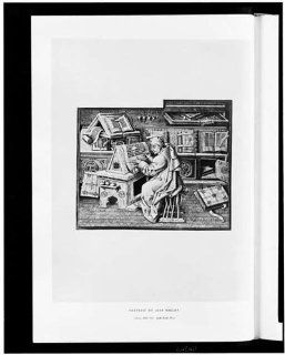 Medieval scribe Jean Mielot, at desk, making copy of book   Prints