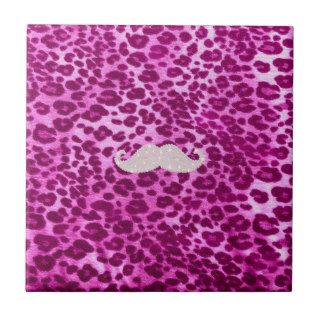Pink Cheetah Print Glitter Photo Print Mustache Ceramic Tile