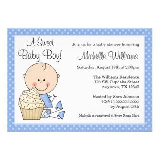 Sweet Cupcake Blue Polka Dot Boy Baby Shower Custom Invitation