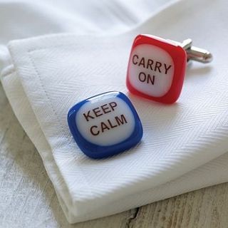 'keep calm' and 'carry on' cufflinks by evy designs