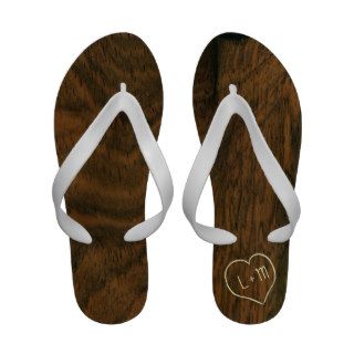 Engraved heart and initials on wood grain pattern Flip Flops