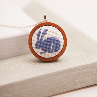 hand embroidered rabbit necklace by handstitched with love