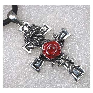 Patriarchal Cross of Lorraine Pewter Pendant W Choker Necklace RED FLOWER Jewelry