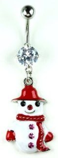 Rhinestone Studded Stainless Steel Bananabell Belly Ring (316L Surgical Steel) Christmas Snowman Charm Bananabell (14g) Painted Holiday Snowman Dangle Charm Navel Ring Body Piercing (1pc) Toys & Games