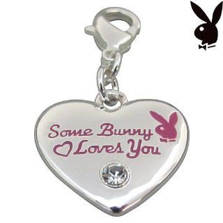 Playboy Charm Clip On Heart SOME BUNNY LOVES YOU Pink Enamel Swarovski Crystal Authentic Licensed Playboy Jewelry Jewellery Clasp Style Charms Jewelry