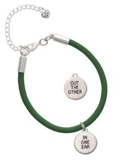 In One Ear & "Out the Other" Circle Charm on a Kelly Green Malibu Charm Bracelet Jewelry