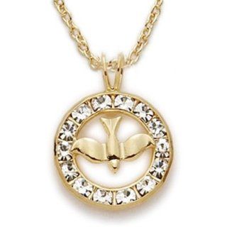 24K Gold Over .925 Sterling Silver Holy Spirit Peach Dove Necklace in a Circle Set in Crystal CZ Stones Design Christian Jewelry Women's Religious Jewelry Gift Boxed.w/Chain Necklace 18" Length Gift Boxed. Pendant Necklaces Jewelry