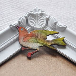 orange and green wooden bird brooch by artysmarty