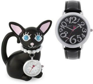 Betsey Johnson Black Cat Clock & Watch Set, Women's Black Patent Strap Jewelry