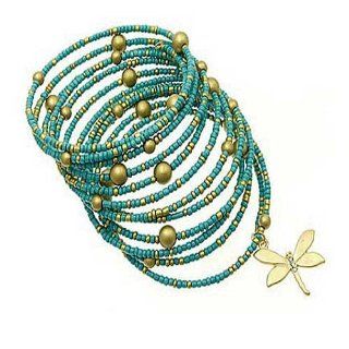 Turquoise and Gold Beaded Coil Bracelet with Dragonfly Charm Jewelry