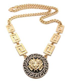 Hot Very Trendy Gold/Black Medusa & 6 Side Square Pieces w/10mm 36" Link Chain Necklace XC399G Pendant Necklaces Jewelry