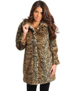 Fourever Funky Women's Animal Furry Leopard Print Long Collared Jacket Faux Fur Outerwear Coats