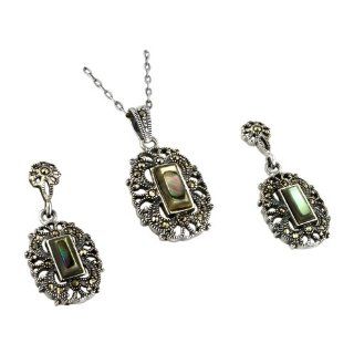 Sterling Silver and Marcasite Oval Filigree Pendant and Stud Earrings Set with Abalone Shell Inlays Jewelry