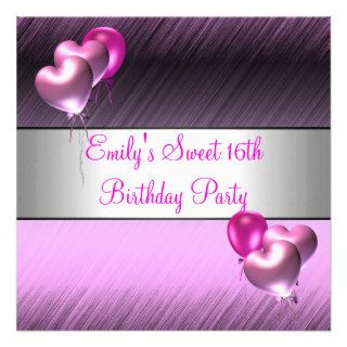 Sweet 16th Pink Purple Silver Balloon Birthday Custom Announcements