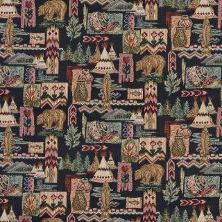 54" Wide A015, Native American, Teepees, Bears, Fish, Pottery, Themed Tapestry Upholstery Fabric By The Yard
