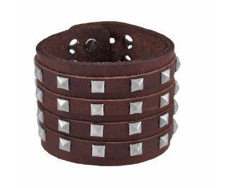 Brown Leather 4 Row Pyramid Studded Wristband Bracelet Jewelry