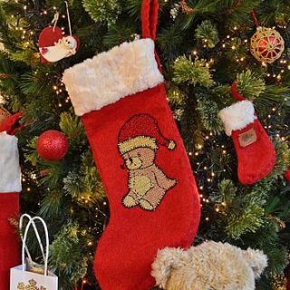 christmas stocking with teddy bear crochet by santa's little workshop