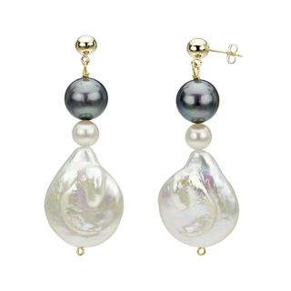 14k Yellow Gold White and Black Freshwater Pearl Drop Earrings (6 25 mm) DaVonna Pearl Earrings