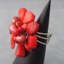 Base Metal Red Coral and Pearl Flower Wrap Ring (7 9 mm) (Thailand) Rings