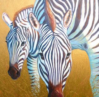 painting of two zebras on a gold background by gill bustamante   artist