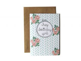 'hey birthday girl' embroidery hoop card by scissor monkeys