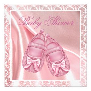 Pink Damask Satin Booties Baby Girl Shower Personalized Announcement