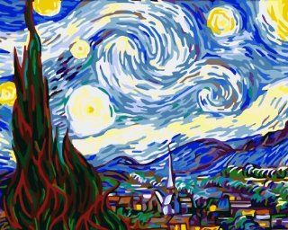 Dart & Art Paintworks Paint By Numbers for Adults and Kids, Make Your Own "the Starry Night by Van Gogh" with this DIY Painting by Numbers Kits, Dimensions 20"x16", Package with 3 Painting Brushes
