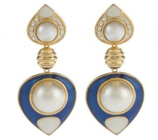 Jacqueline Kennedy Simulated Mabe Pearl & Blue Enamel Earrings —