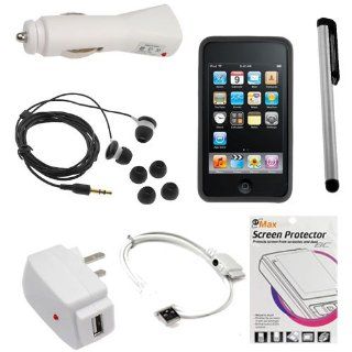 GTMax Black Soft Rubber Silicone Skin Cover Case + Rapid Car Charger + Home Charger + USB Data Cable + 3.5mm Stereo Headset + Full Front LCD Screen Protector + Stylus Silver for Apple iPod Touch 8GB 32GB 64GB 3rd 3G Generation NEWEST MODEL Electronics