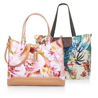 Sharif Floral Print Saffiano Leather Satchel with Foldable Tote