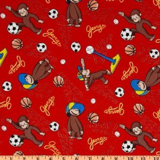 44'' Wide Curious George Playing All Sports Red Fabric By The Yard