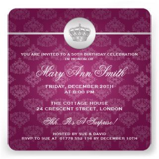 Elegant 50th Birthday Party Royal Crown Pink Personalized Invite