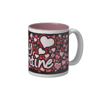 "Be My Valentine" text hearts red pink black mug