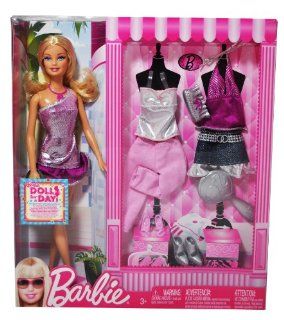 Barbie Year 2009 Fashionistas Series 12 Inch Doll Set   Barbie with One Shoulder Strap Dress, Strapless Top, Pink Denim Pants, Neck Strap Top, Blue Denim Mini Skirt, Necklace, Belt, 3 Pairs of High Heel Shoes, Purse and Hairbrush (T9133) Toys & Games