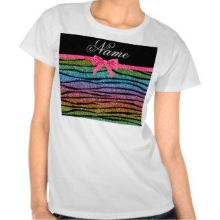 Custom name rainbow glitter zebra stripes bow t shirt