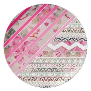 Girly Pink Stripes Floral Abstract Aztec Pattern Party Plates