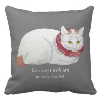 Vintage White Japanese Cat Art Throw Pillow